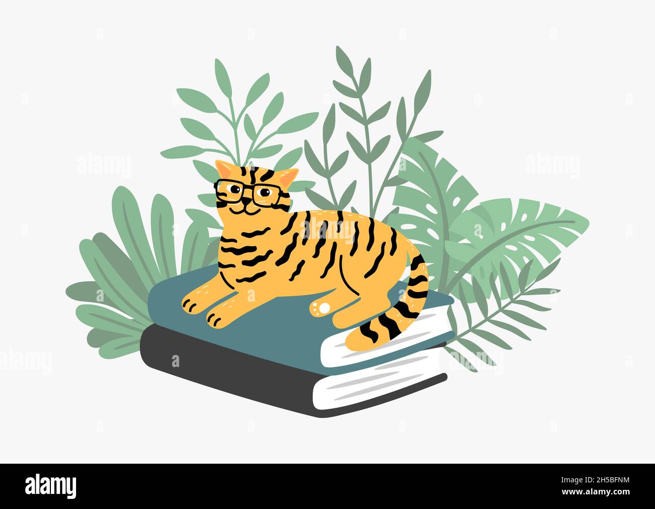Clever cat on book stack. Tiger color kitten in plants, school time or