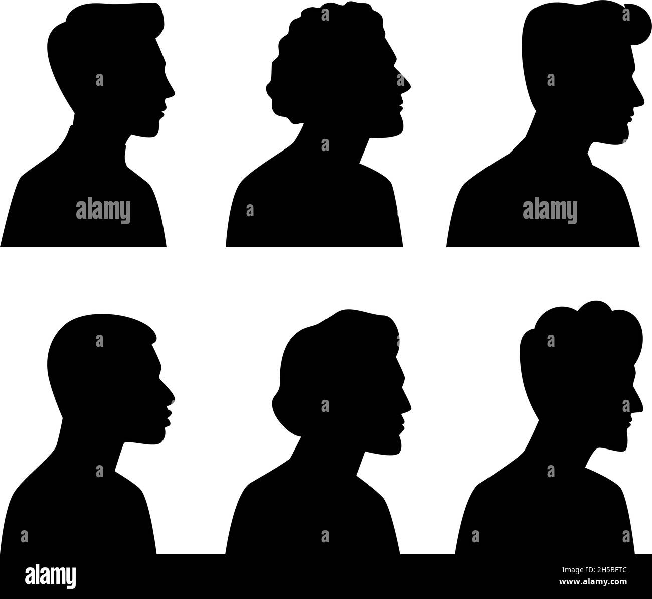 Young men profile silhouettes. Vector heads silhouette set illustration, man dark sketch portraits, human teenager person face profiles Stock Vector