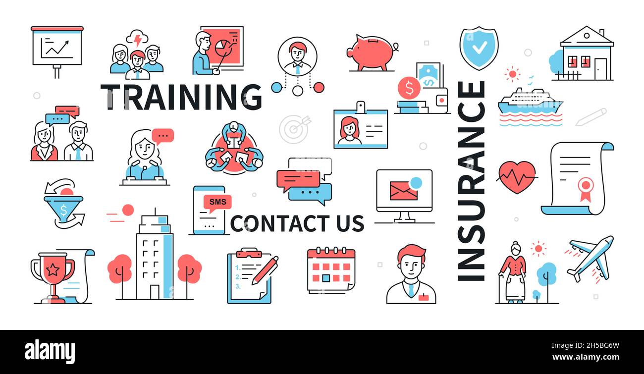 Training, insurance and contact us - colorful line design icon set with line elements in red and blue color. Three topics combined on 1 banner. Busine Stock Vector