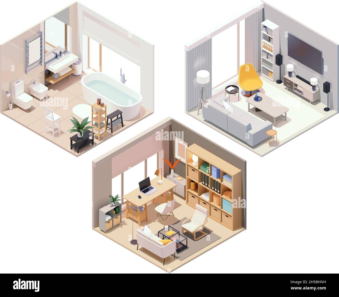 Vector isometric home rooms with furniture. Living room with sofa and ...