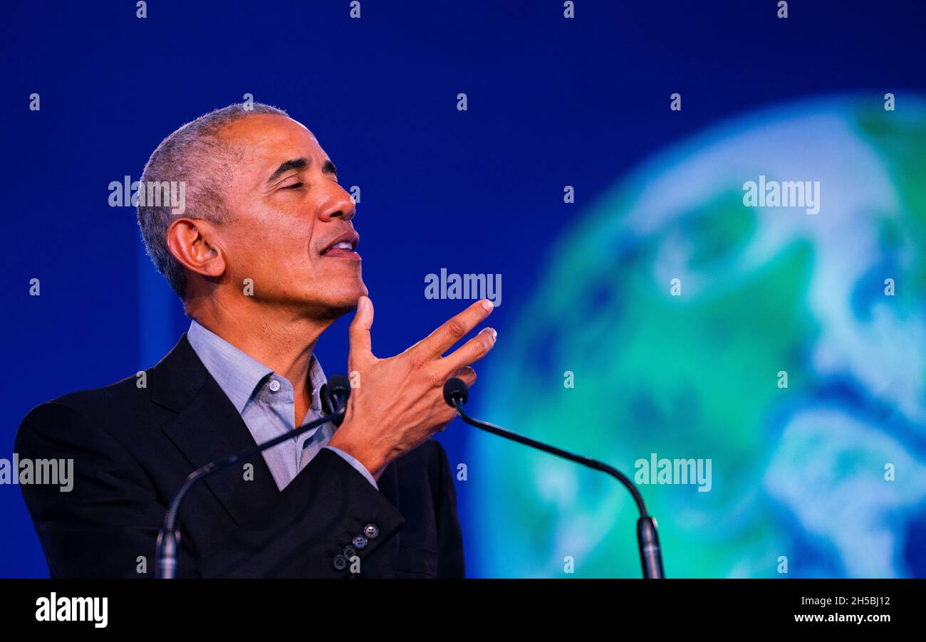 Glasgow, Scotland, UK. 8th November 2021. Former US president Barack Obama makes speech to delegates at the UN Climate change conference COP26 in Glasgow today.   Iain Masterton/Alamy Live News. Stock Photo