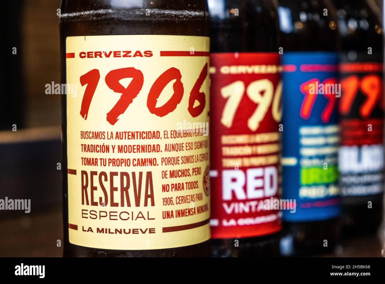 Extremadura, 11.05, 2021. All the beers from 1906 together on a bar counter. Estrella Galicia Spanish beer Stock Photo