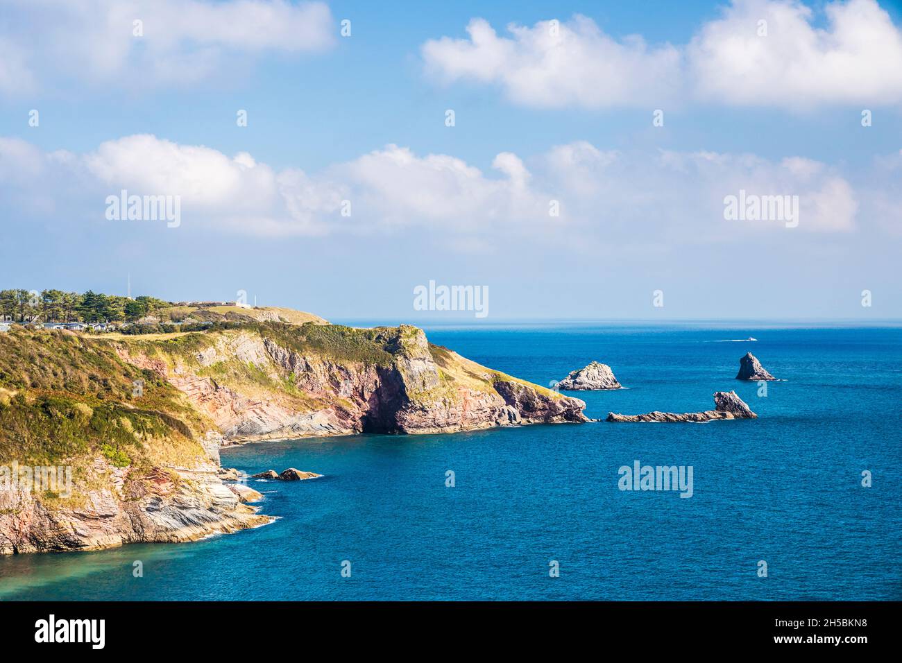 View towards St. Mary's Bay, Darl Head and Berry Head near Brixham in Devon from the South West Coast Path with the Darl Rock, Mew Stone and Cod Rock Stock Photo