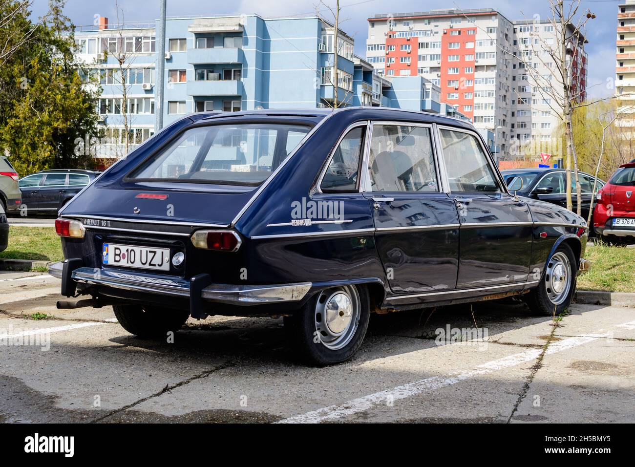 Bucharest, Romania, 19 March 2021 Old retro dark blue French Renault 16 TL classic car parked in a street in a sunny spring day Stock Photo