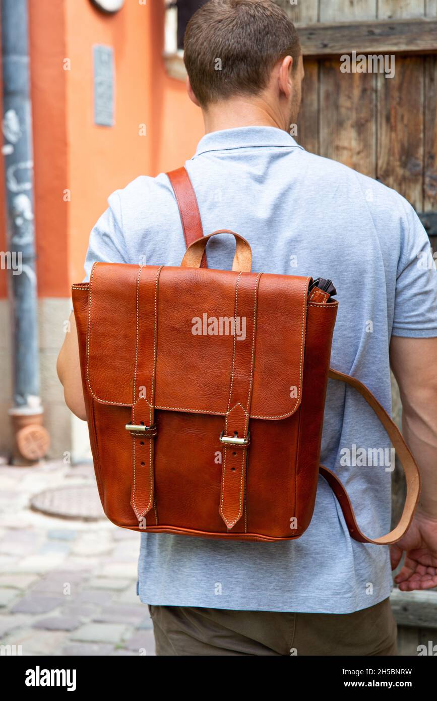 Brown leather backpack isolated on white Stock Photo