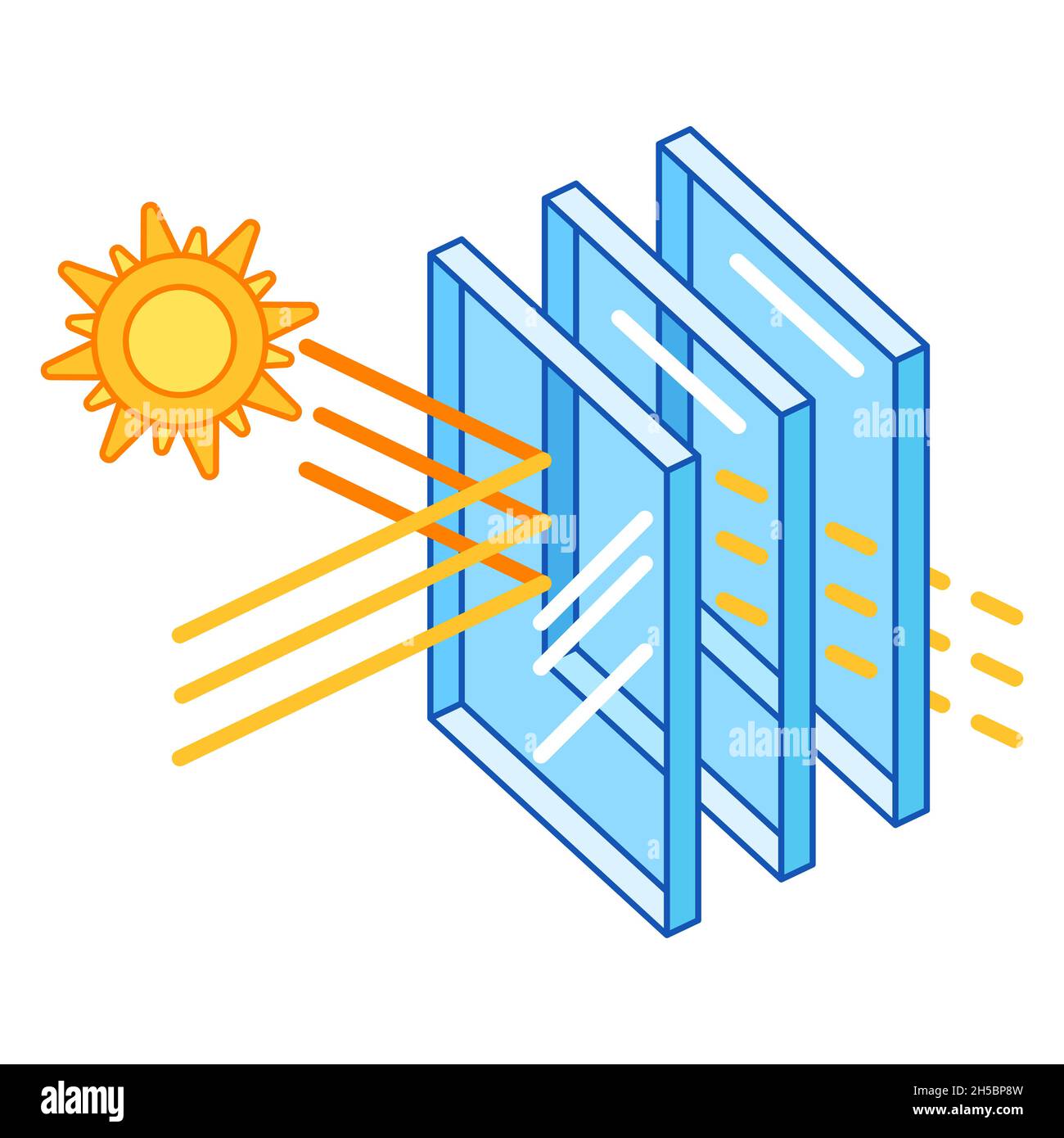 Sun protection with glass layers. Cross section double glazed window