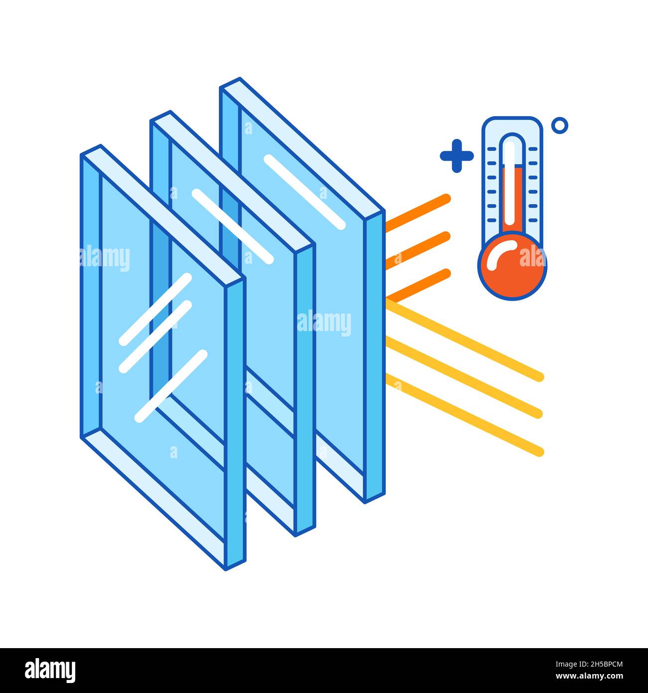 Keeping warm temperature inside house with glass layers. Cross section double glazed window. Infographics showing properties. Stock Vector