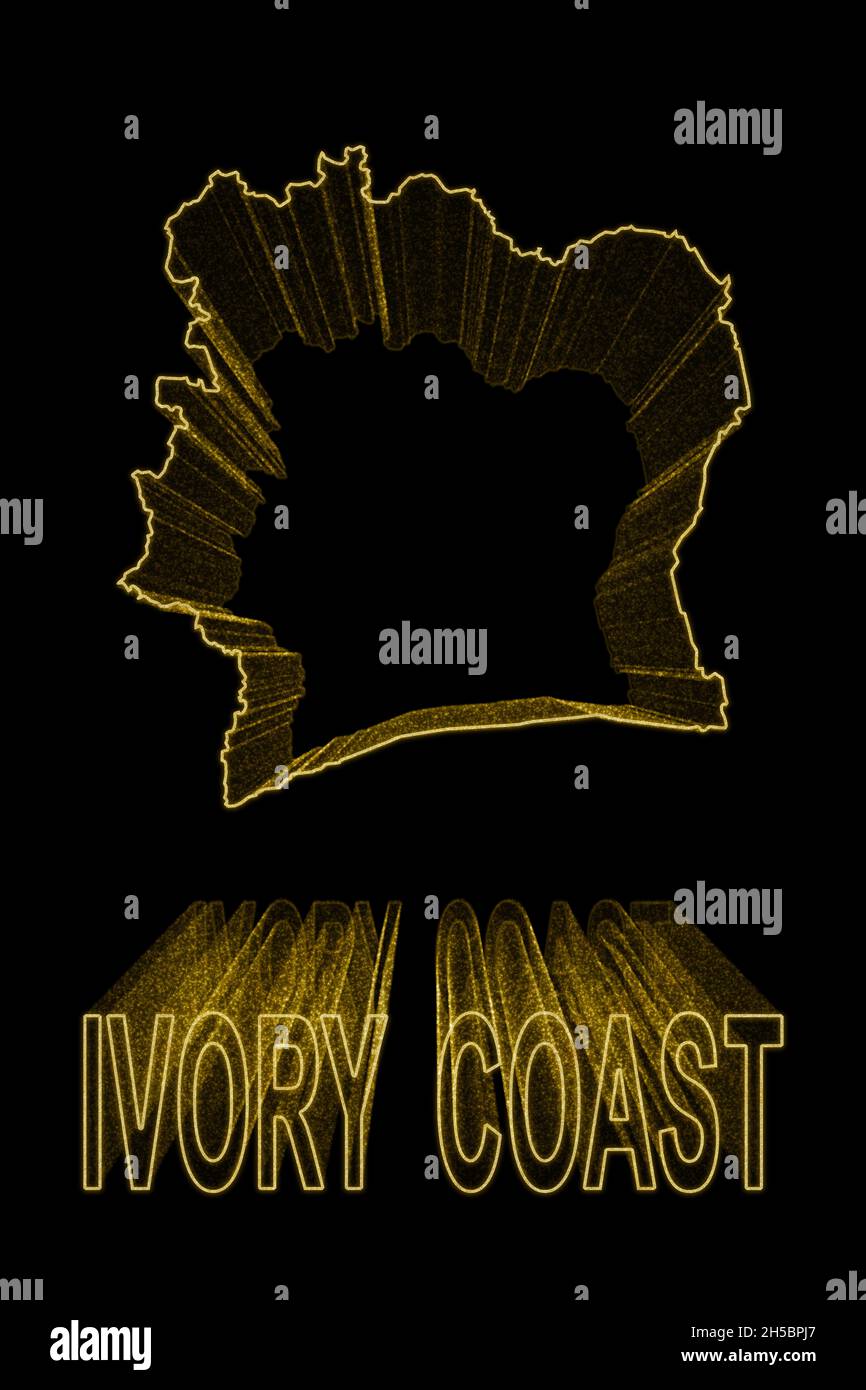 Map of Ivory Coast, Gold Map On Black Background, Gold effect Stock Photo
