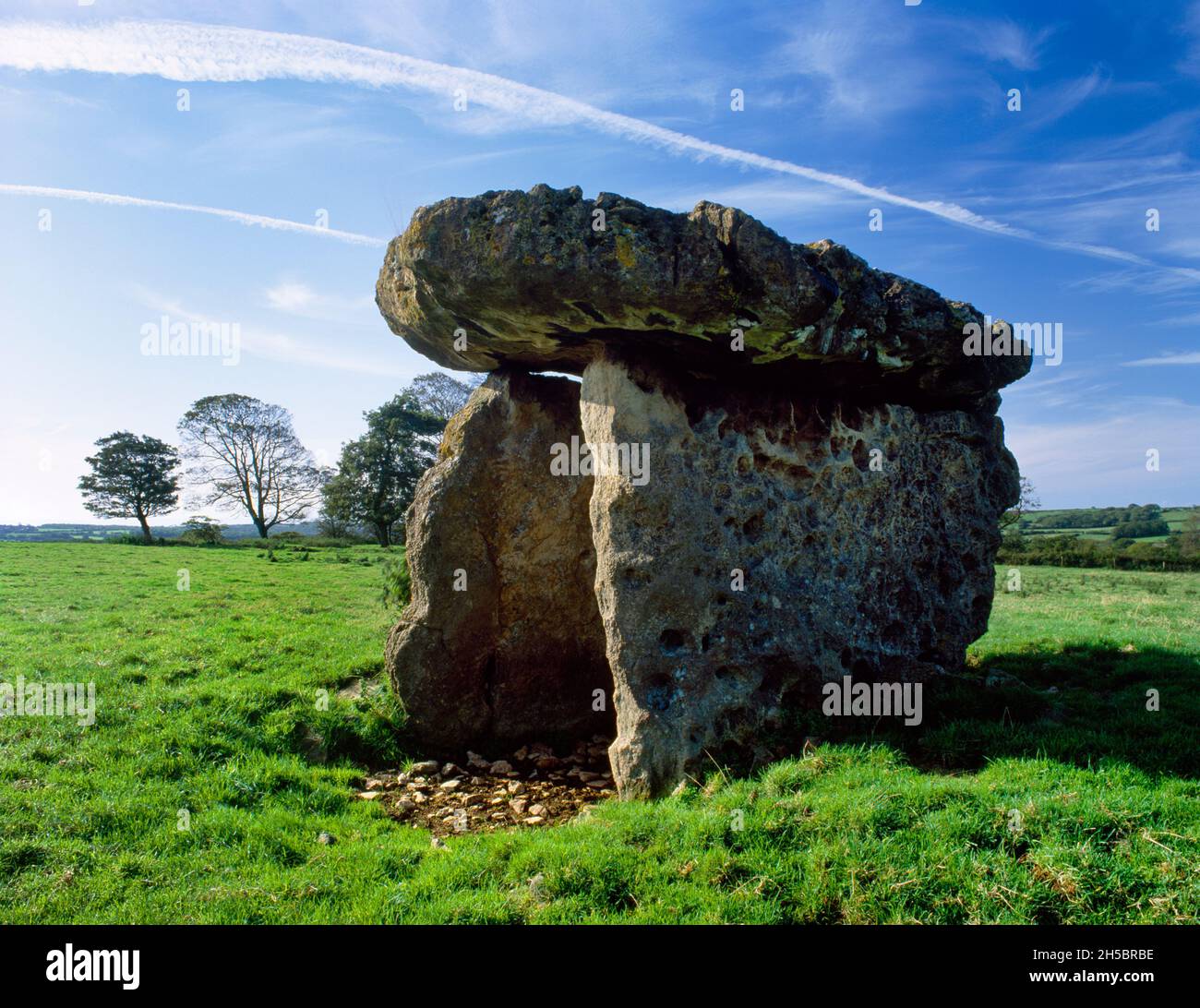 The exposed limestone slabs of St Lythans Neolithic burial chamber, Vale of Glamorgan: looking SSW side-on to the open chamber with a massive capstone Stock Photo
