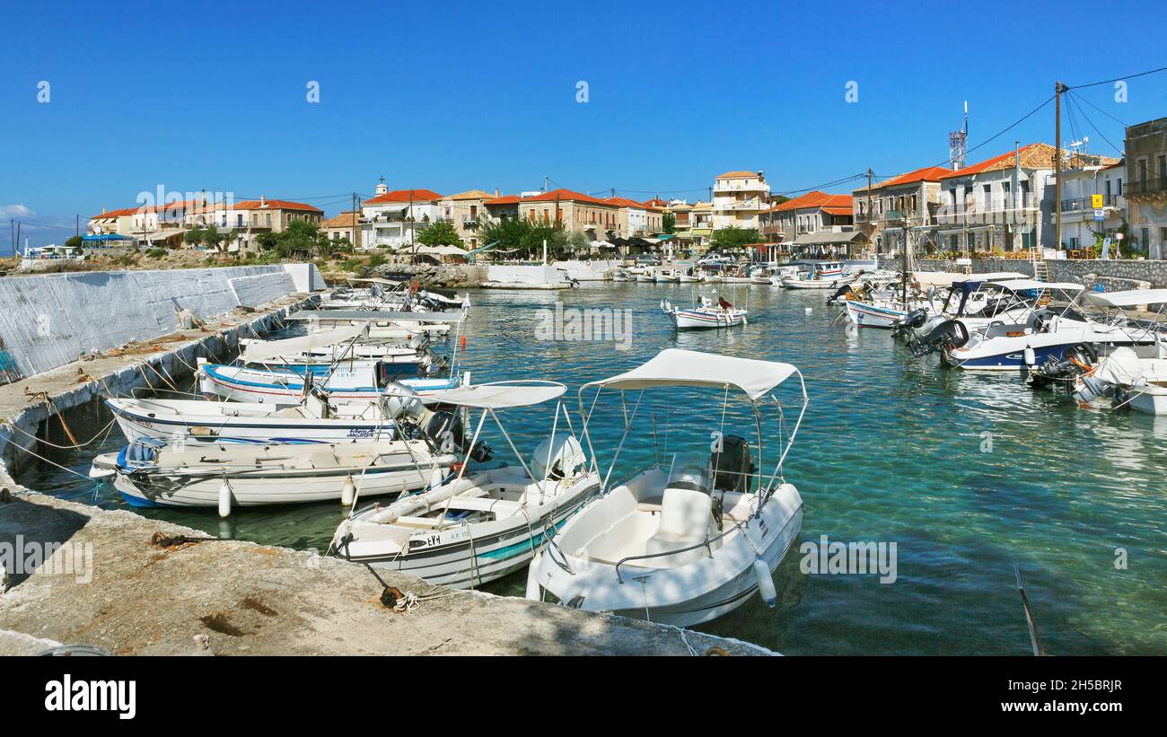 The picturesque harbour in the coastal fishing village of Agios Nikolaos on the Mani peninsula of the Southern Peloponnese of Greece Stock Photo