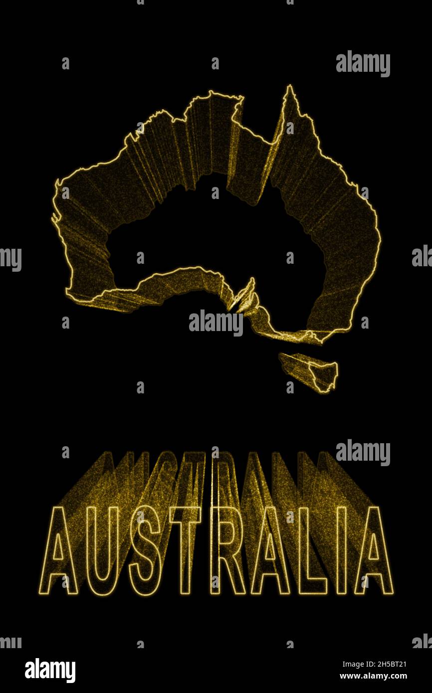 Map of Australia, Gold Map On Black Background, Gold effect