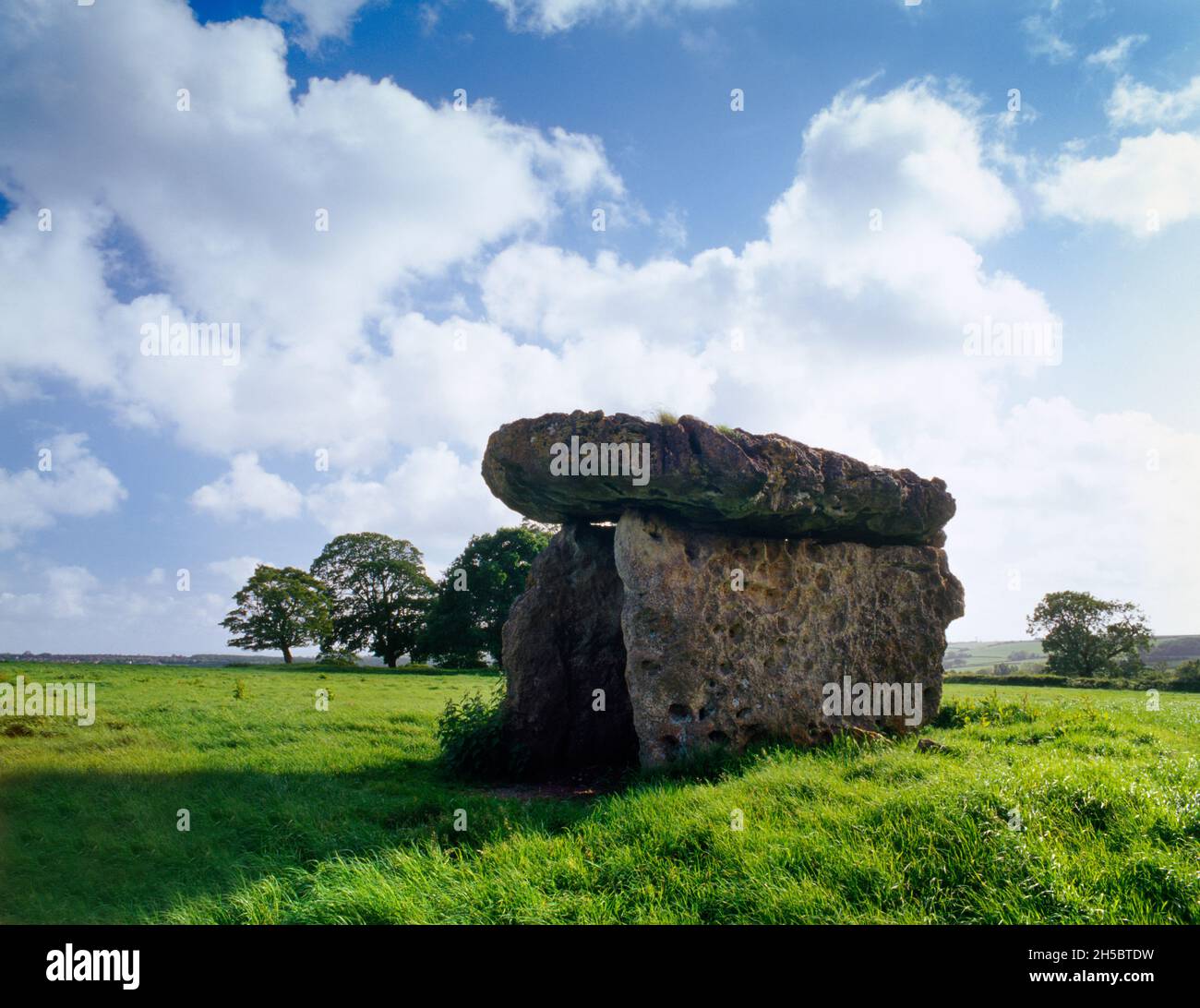 The exposed limestone slabs of St Lythans Neolithic burial chamber, Vale of Glamorgan: looking S side-on to the open chamber with a massive capstone. Stock Photo
