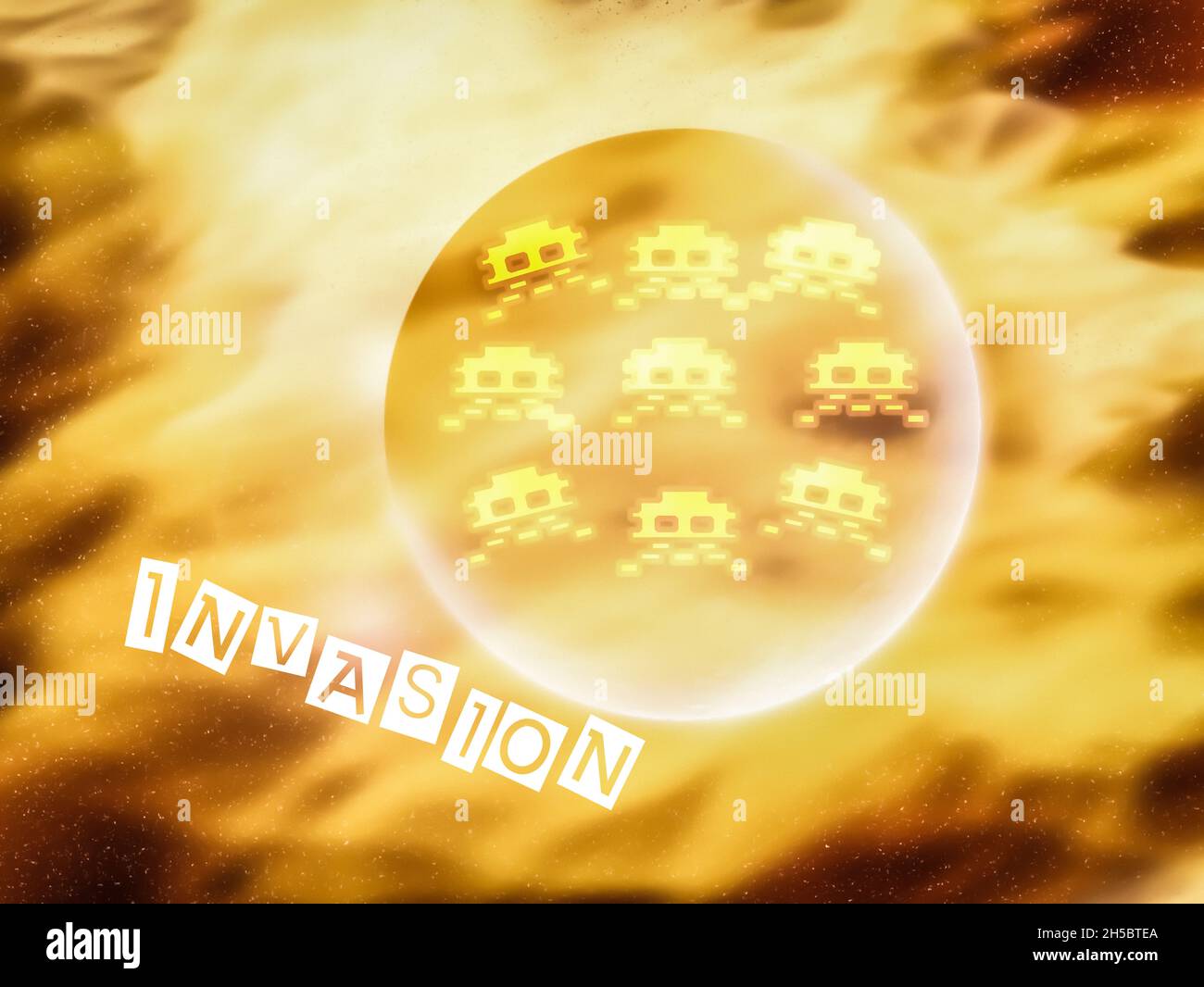Planet on fire in deep space with 8-bit alien Invaders, Invasion written in white text Stock Photo