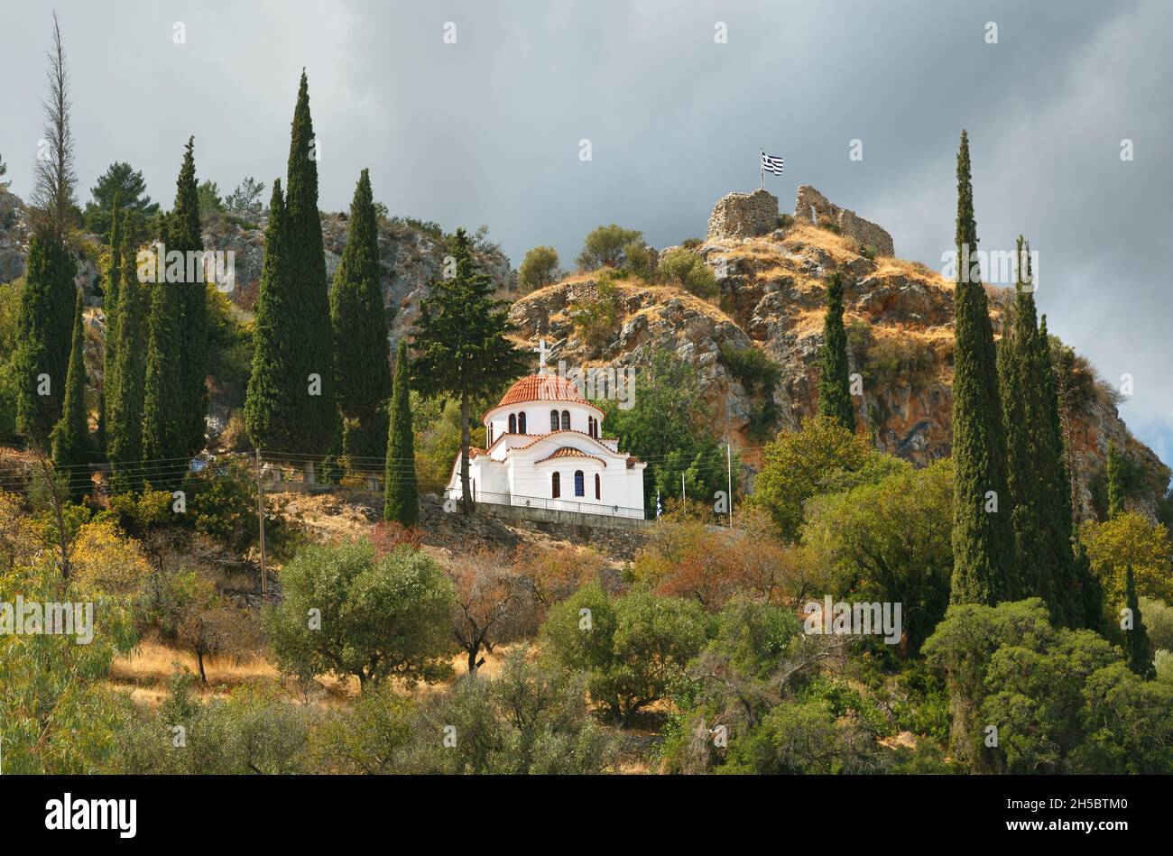 The chapel of Agia Paraskevi above the small town of Molaoi in Laconia near Monemvasia in the Peloponnese of Greece Stock Photo