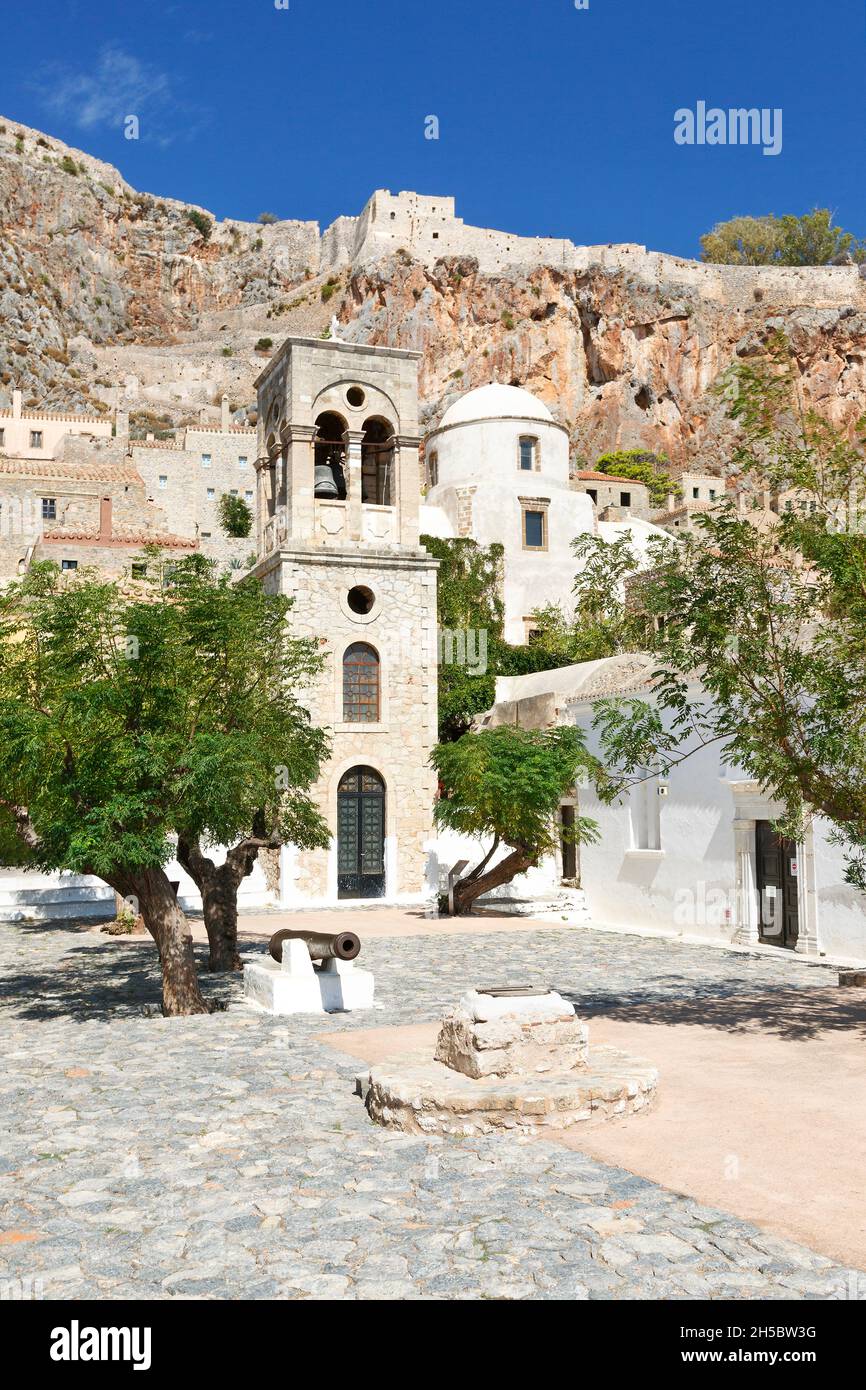 Byzantine Greek Orthodox church of Christ Elkomenos in the main square of the lower town in the fortified island town of Monemvasia in Laconia, Greece Stock Photo