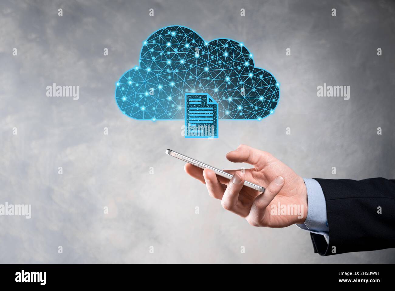 Cloud technology. Polygonal wireframe cloud storage sign with document icon on dark blue. Cloud computing, big data center, future infrastructure, dig Stock Photo