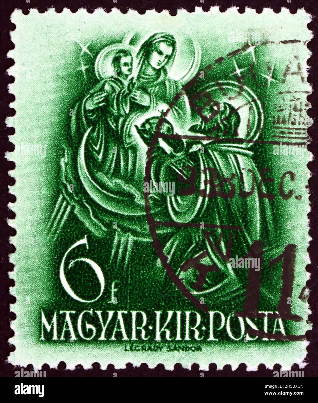 HUNGARY - CIRCA 1938: a stamp printed in Hungary shows St. Stephen Offering Holy Crown to Virgin Mary, 900th Anniversary of the Death of St. Stephen, Stock Photo