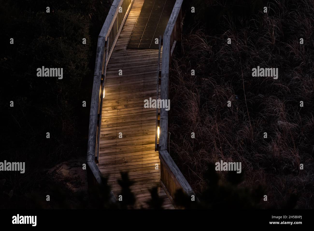 Myrtle Beach at night aerial high angle view on wooden boardwalk beach