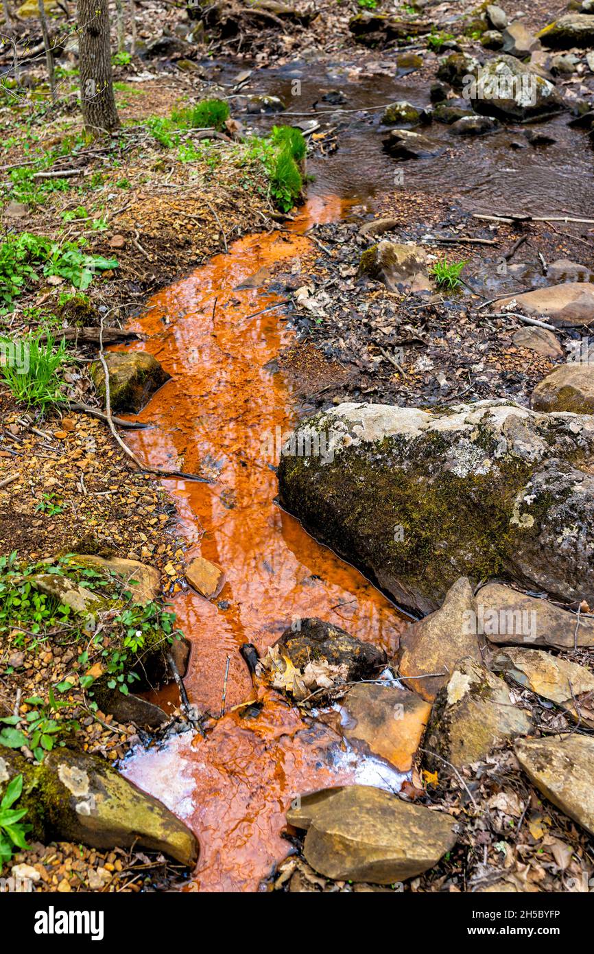 Shamokin springs nature preserve hiking trail in Wintergreen ski resort town city with red sediment rock clay small creek stream flowing in Virginia i Stock Photo