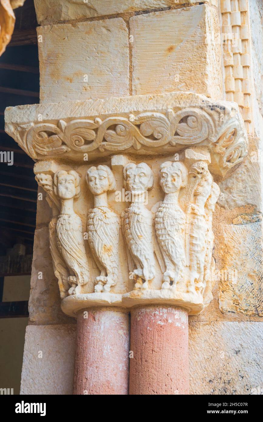 Capital of the atrium. Nuestra Señora de la Asuncion church, Duraton, Segovia province, Castilla Leon, Spain. Stock Photo