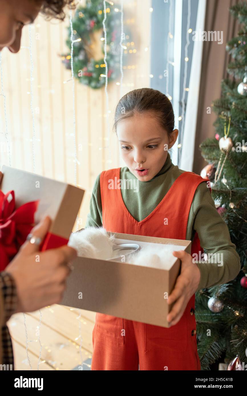 Surprised pretty girl standing against Christmas tree and holding gift box with ear muffs gifted by mother Stock Photo
