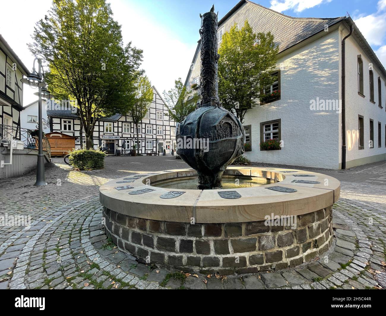 Brilon, North Rhine Westphalia/Germany September 21st 2021: history fountain with emblems of the 17 districts. Stock Photo
