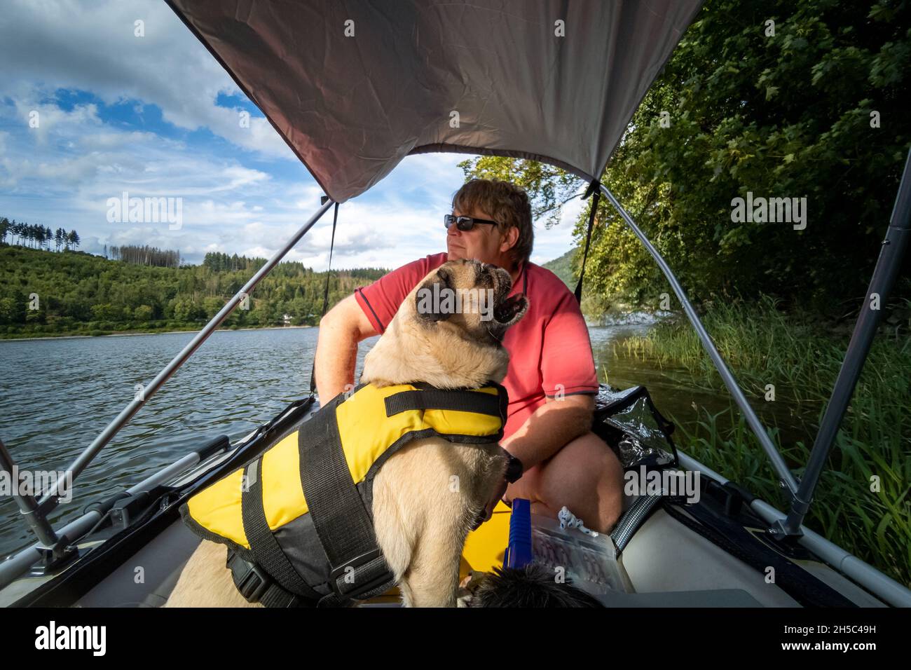 Pug dog with life jacket in a rubber dinghy. The owner sits with in the boat and looks at the lake. Stock Photo