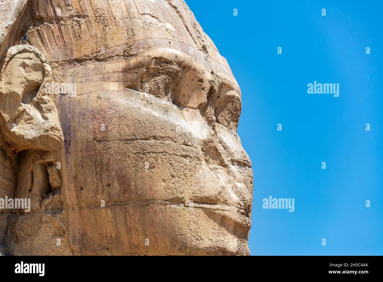 Closeup view of the face of the Great Sphinx of Giza in Egypt Stock Photo