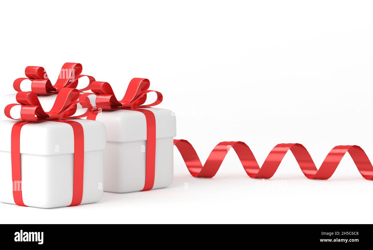 Christmas set of gift boxes with red ribbon on white background, copy space. 3d rendering Stock Photo