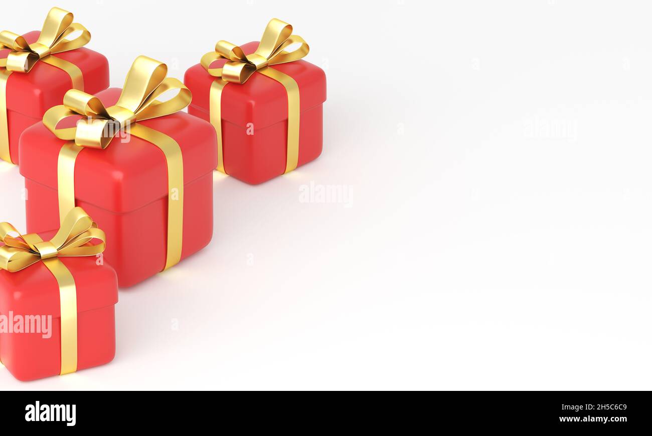 Four red christmas gift boxes with golden bows.on white background, copy space. 3d rendering Stock Photo
