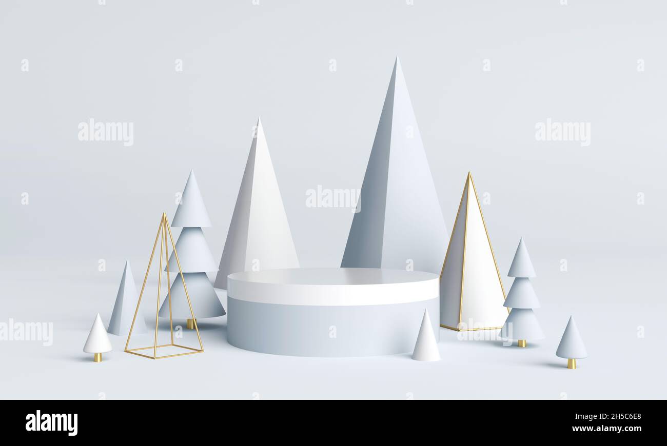 Christmas 3d minimal rendered scene with trees and podium platform. Stand to show products. 3d rendering. Stock Photo
