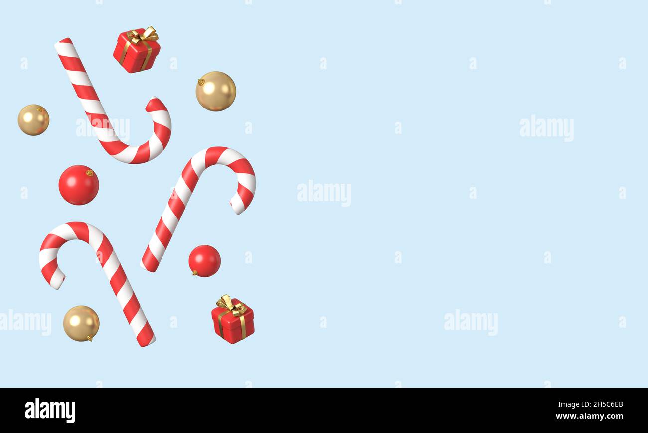 Christmas candy canes, balls and little gift boxes on blue background, copy space. 3d rendering. Stock Photo
