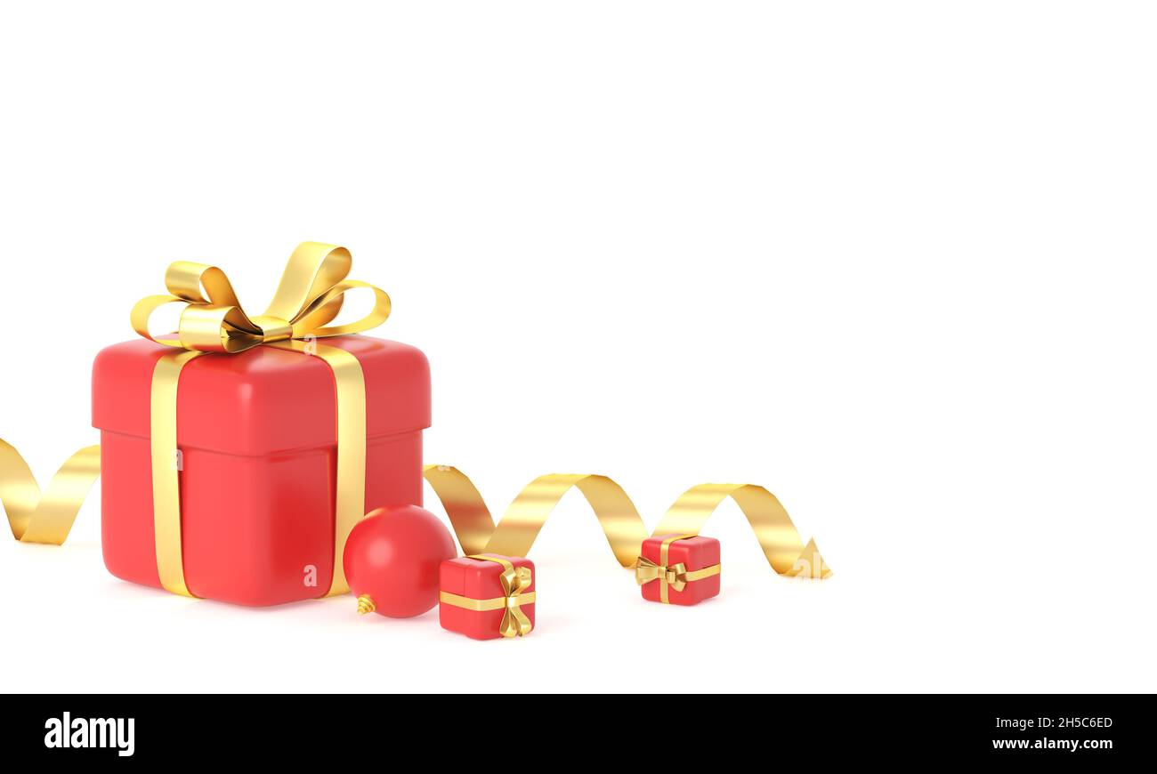 Red gift box with golden bow and christmas decorations isolated on white background. 3d rendering Stock Photo