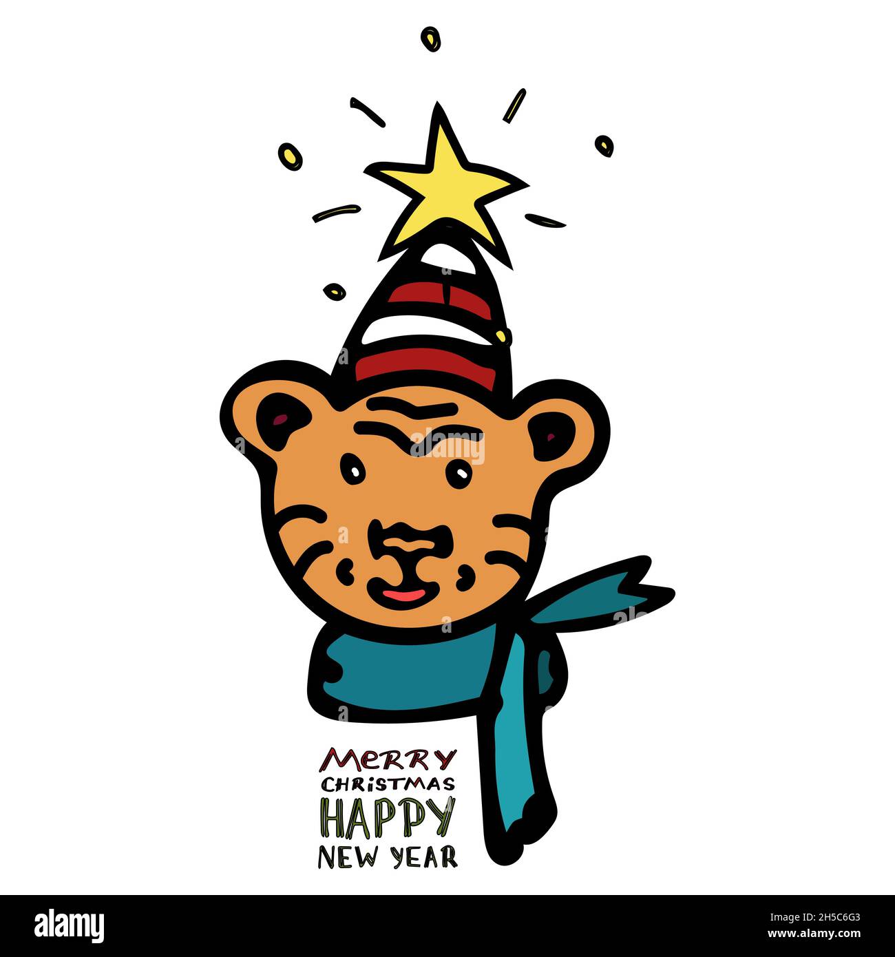 Cheerful tiger symbol of the year smiles in a red and white hat and a green scarf in a cartoon style with lettering Merry Christmas and Happy New Year Stock Vector