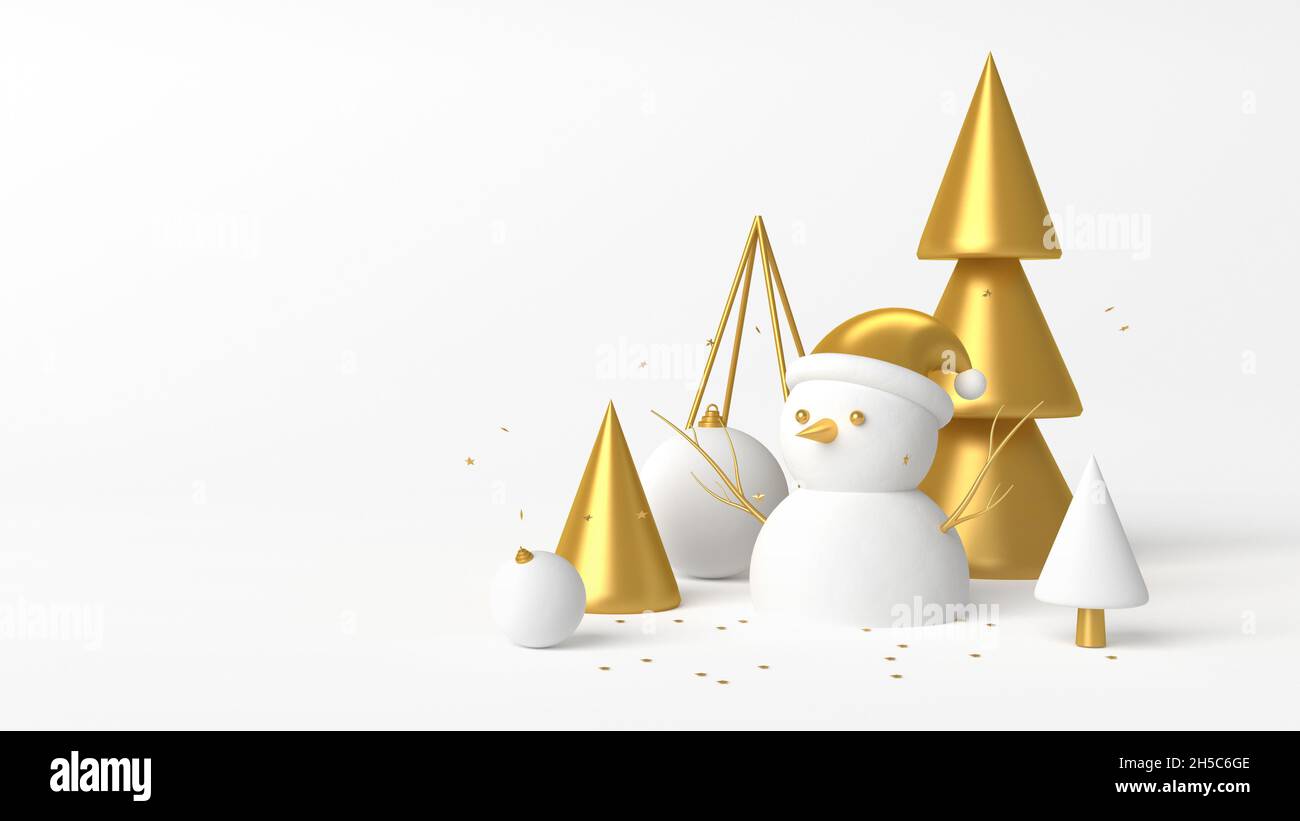 Snowman with golden trees and balls on white background copy space. Merry christmas and happy new year poster banner template. 3d rendering Stock Photo