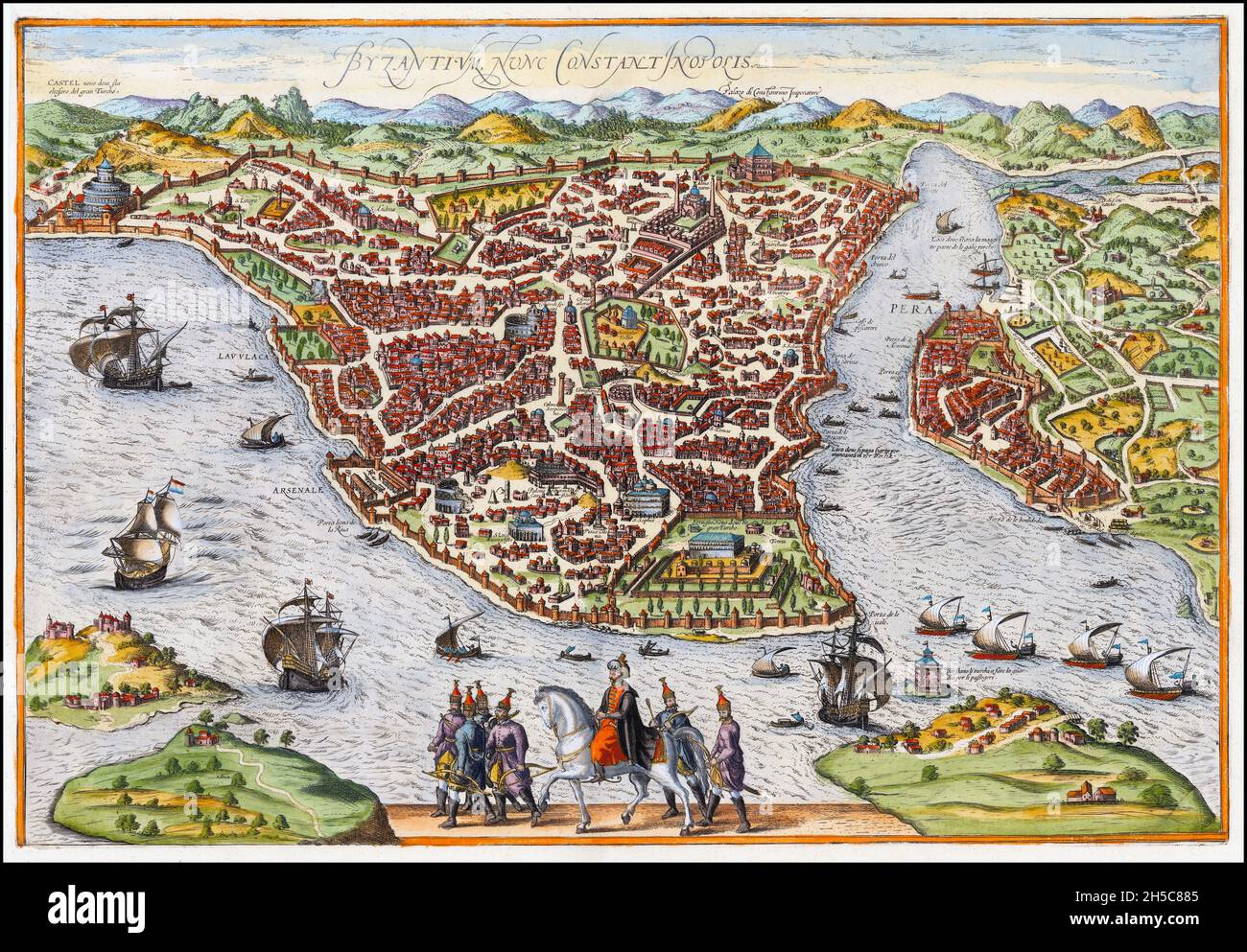 Aerial map of Constantinople, now Istanbul,Turkey, ca. 1660 - Byzantion (earlier Greek name), Nova Roma ('New Rome'), Miklagard/Miklagarth (Old Norse), Tsarigrad (Slavic), Qustantiniya (Arabic), Basileuousa ('Queen of Cities'), Megalopolis ('the Great City'), Πόλις ('the City'), Konstantiniyye (Turkish) Stock Photo