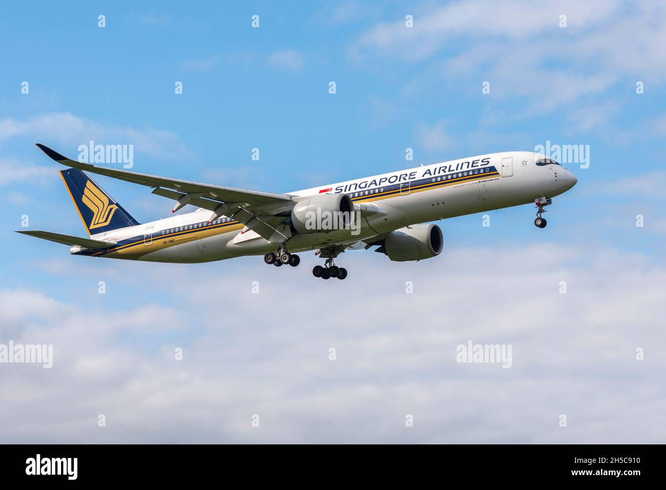 Singapore Airlines Airbus A350 airliner jet plane 9V-SMG on approach to land at London Heathrow Airport, UK. Long haul international air travel Stock Photo