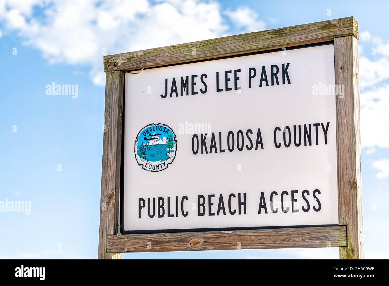 Fort Walton Beach, USA - January 13, 2021: Okaloosa Island county James Lee Park Public Beach Access in Florida Panhandle Gulf of Mexico closeup blue Stock Photo