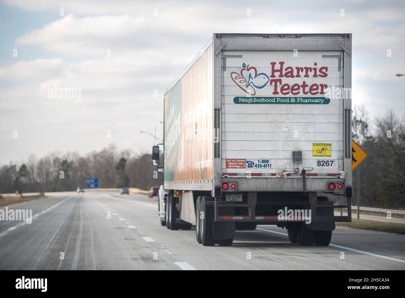 Greensboro, USA - January 7, 2021: Highway traffic interstate 85 road in North Carolina and truck delivery vehicle for Harris Teeter driving Stock Photo