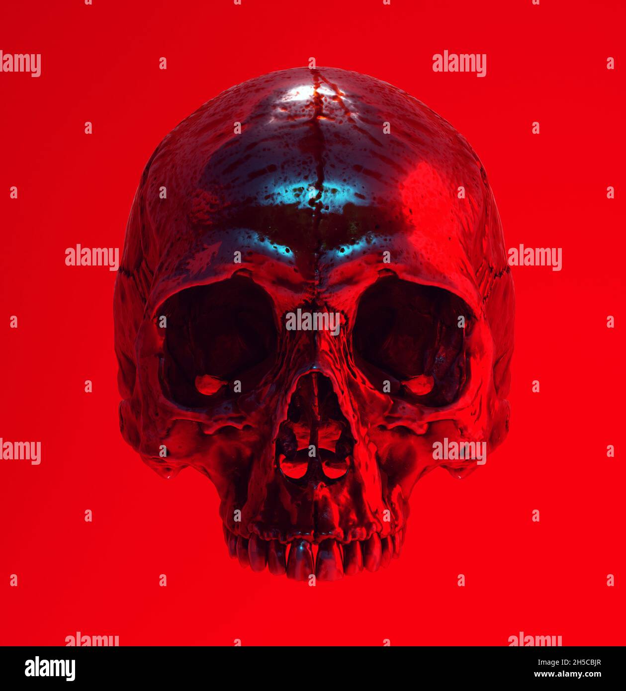 Silver Blood Red Skull Cyber Punk Halloween Horror Head Blue 3d illustration render Stock Photo