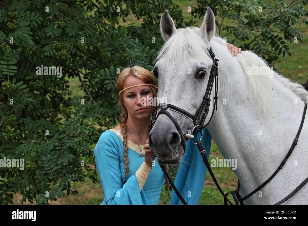 Young equestrian model in a blue dress posing with white horse Stock Photo