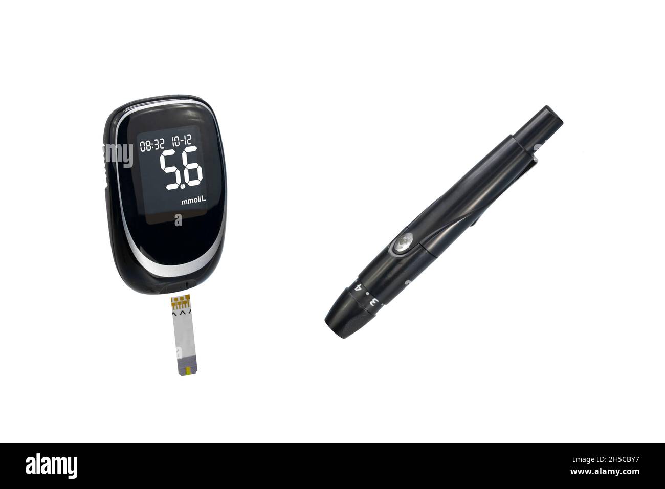 Diabetic testing kit. Blood glucose monitor or glucometer, with lancet device and testing strips. Stock Photo