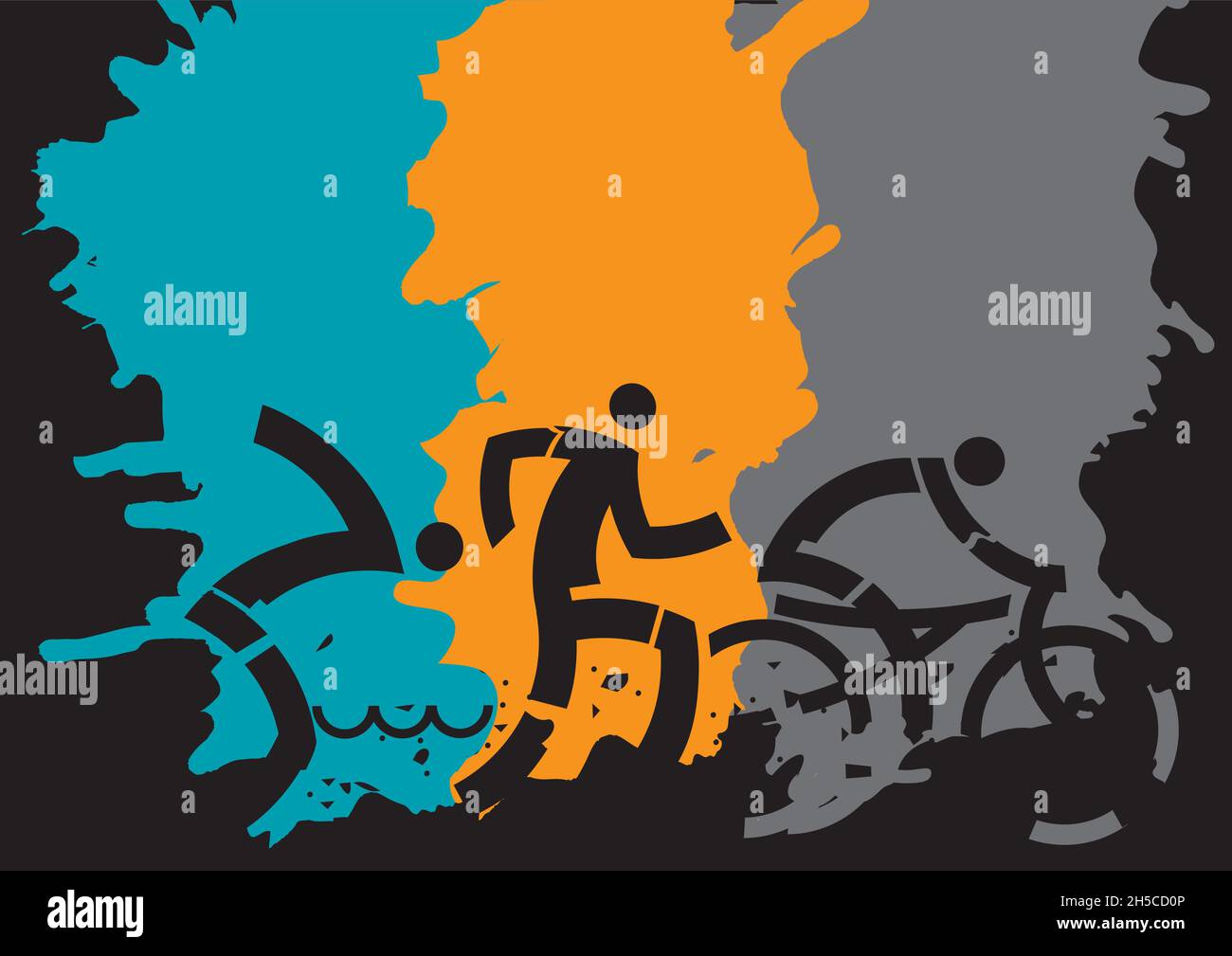 Three Triathlon Racers, baner background. Expressive drawing of Three triathlon athletes on grunge background.Vector available. Stock Vector