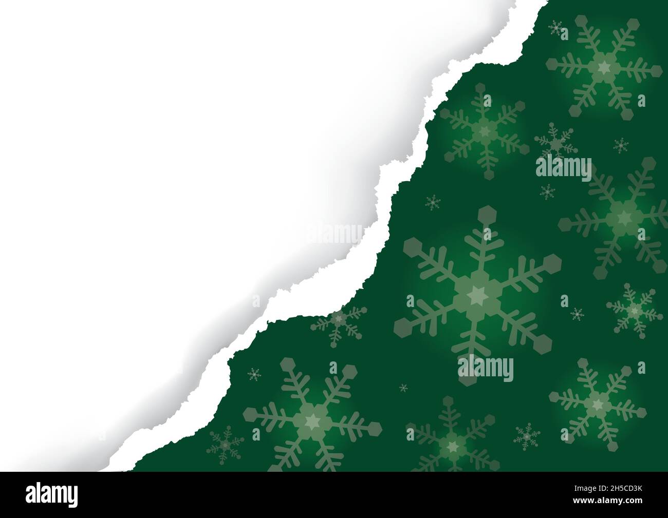 Green christmas background with torn paper. Illustration of ripped paper with snow flakes. Place for your text or image. Vector available. Stock Vector
