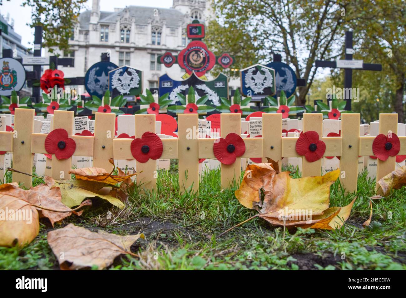 Crosses with poppies and tributes to members of the armed forces who