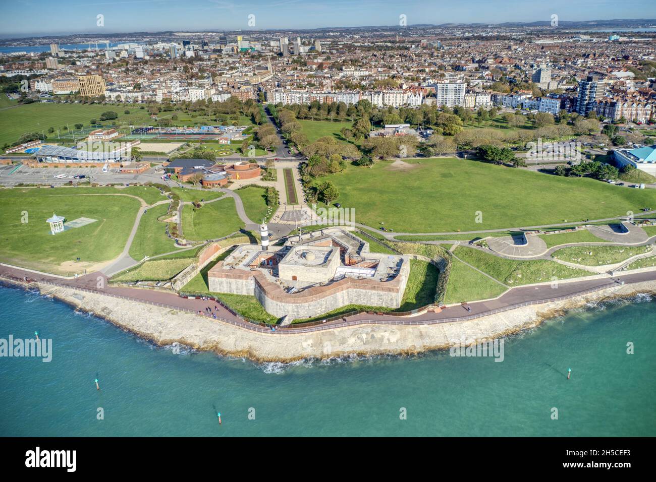 Southsea Castle with the seafront promenade in view in a coastline position to defend Portsmouth, aerial view. Stock Photo