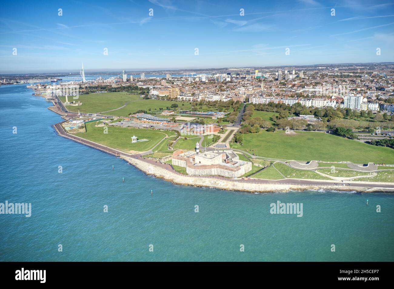 Aerial view of Southsea Castle with the seafront promenade in view which runs along the seafront of Southsea Common.Aerial view. Stock Photo