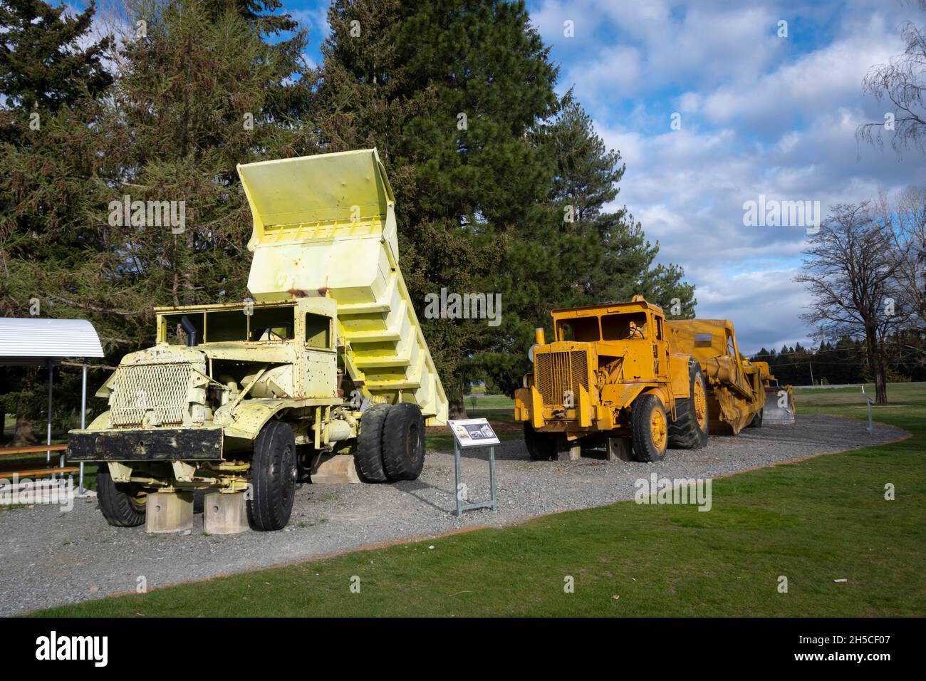 Euclid R-15 Dump Truck, display of earthmoving machinery used in dam and canal construction in 1980's. Twizel, Canterbury, South Island, New Zealand Stock Photo