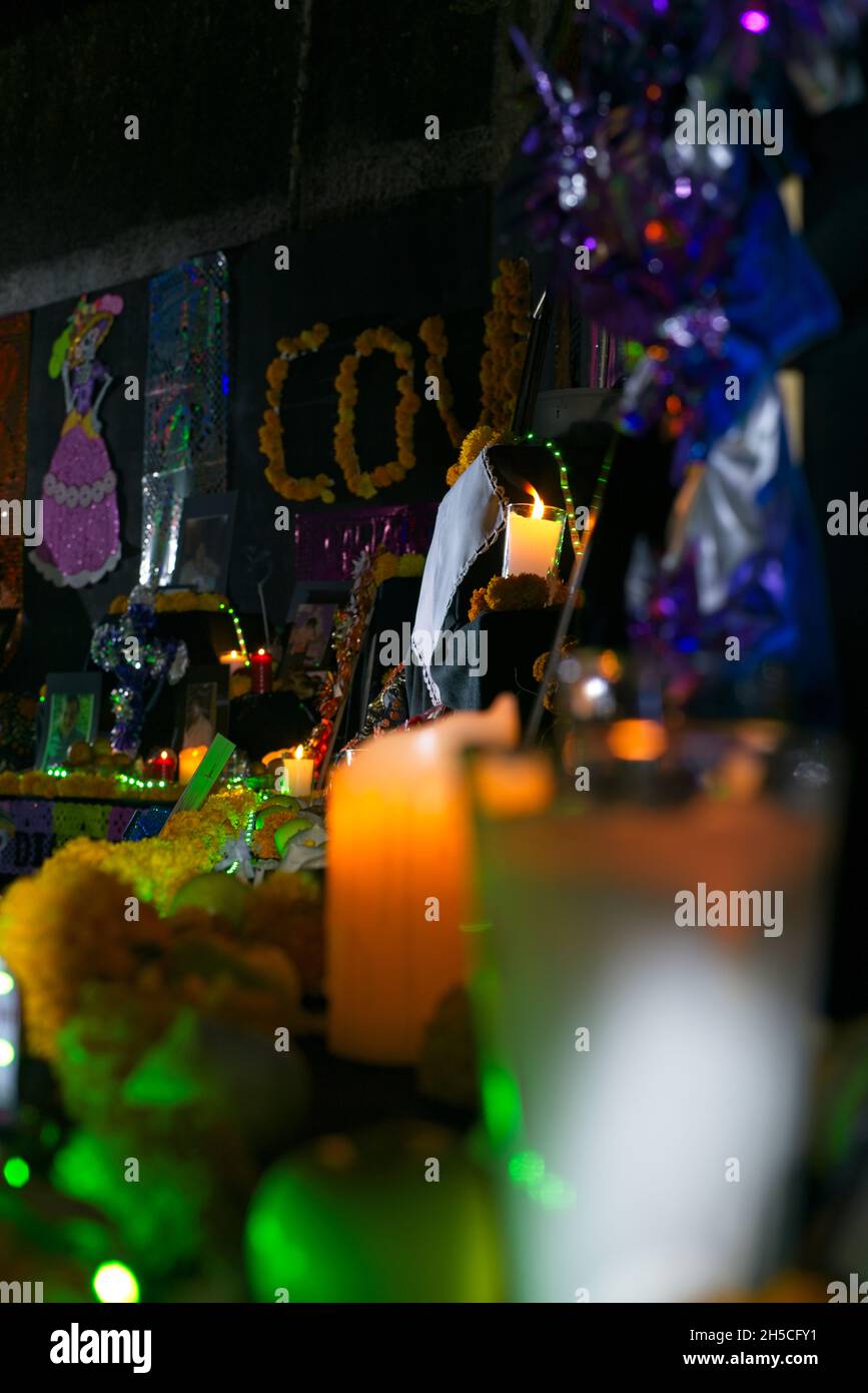 photograph of an altar on the day of the dead, taken at night. Stock Photo