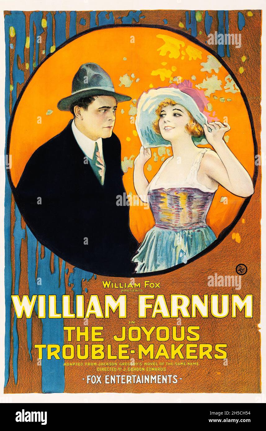 Vintage movie poster for the American silent Western adventure comedy film The Joyous Trouble-Makers (1920) feat William Farnum. (William Fox). Stock Photo